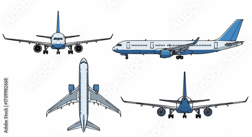 Airplane vector illustration set, front, side, top and back views, isolated on white background