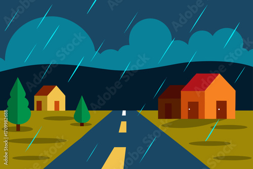 Flat illustration of a rural road during a heavy rainstorm