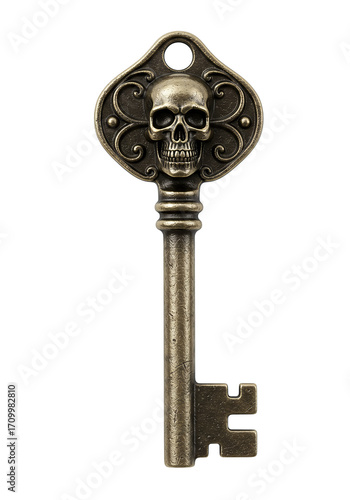 Antique key with skull design, vintage metal key