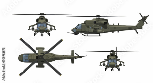 Military Helicopter Illustrations: Army Aviation Aircraft in Various Views