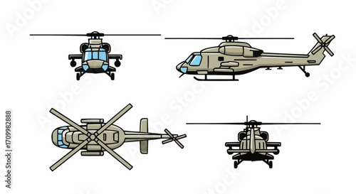 Helicopter Illustration Set, Top, Side, Front Views, Military Aircraft Design