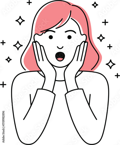 Woman's amazed expression with hands on cheeks and sparkling stars around her head