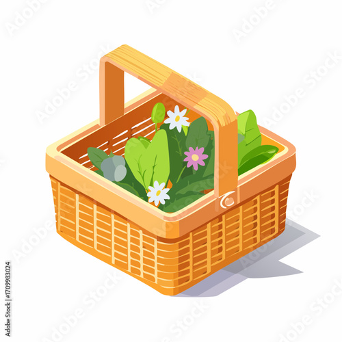 Fresh garden bounty in a charming wicker basket bursting with vibrant greens and delicate blossoms