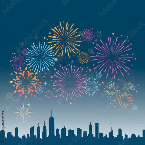 Colorful Fireworks over City Skyline at Night Illustration