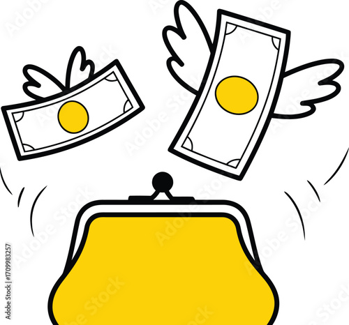 Money flying away from open purse symbolizing financial loss or spending