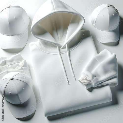 White Hoodie and Cap Set on White Table