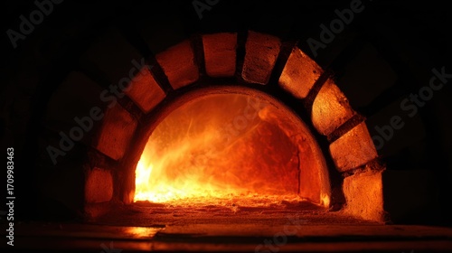 Brick oven, fire blazing inside