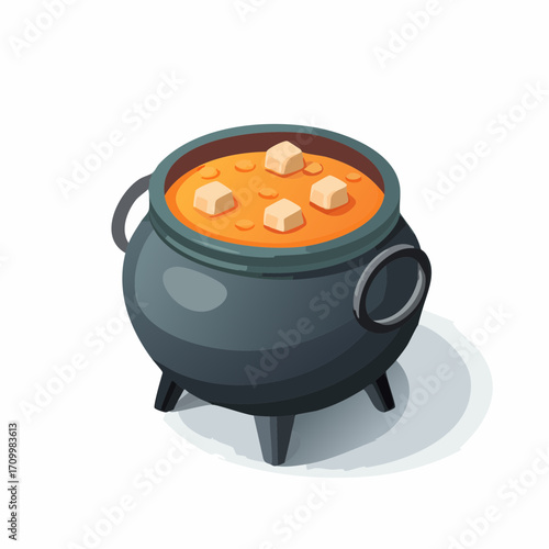 Whimsical cauldron bubbling with delicious stew, perfect for Halloween or fantasy themes