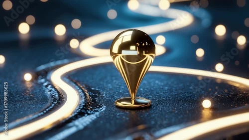 Wallpaper Mural Golden location pin with glowing curved light trail and sparkling particles on dark reflective surface creating elegant navigation concept design Torontodigital.ca