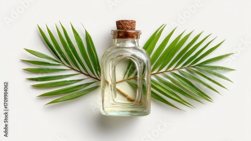 Clear oil bottle with palm leaves