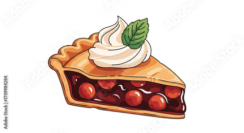 Delicious slice of cherry pie with whipped cream and mint sweet dessert for holiday celebration