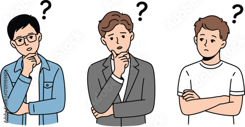 Puzzled businessmen ponder important questions, seeking solutions with thoughtful expressions