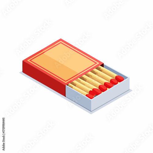 Bright red matchbox filled with golden wooden matches and red tips, ready for ignition.