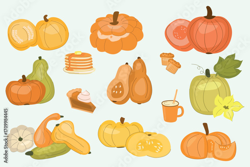 Big set of hand drawn colorful pumpkins, pumpkin slices and desserts - pancakes, pies, cocoa, cupcakes. Beautiful and cute cartoon autumn decorations. Collection with elements of the season.
