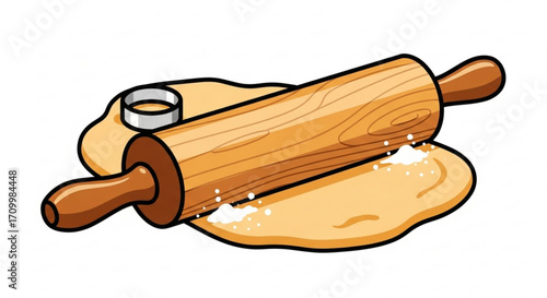 Rolling pin on dough with cookie cutter, ready for baking delicious treats and culinary creations