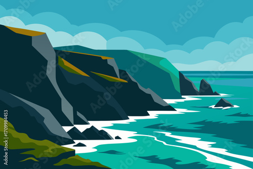 Stylized illustration of dramatic coastal cliffs meeting turquoise ocean waves