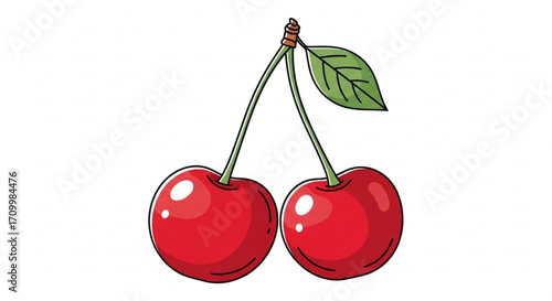 Two ripe cherries on a stem, a delightful and juicy fruit perfect for summer treats and desserts