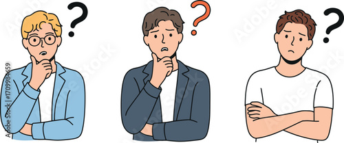 Confused men pondering difficult questions with question marks above their heads, seeking answers.