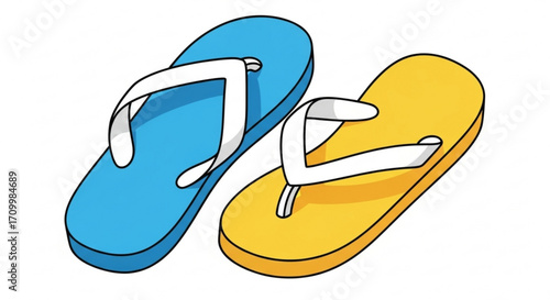 A pair of blue and yellow flip flops, perfect for summer vacation and beach days, offering comfort and style