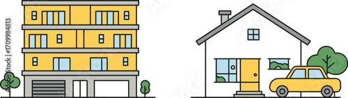 Modern apartment building and charming house with car, symbolizing diverse housing options and lifestyles