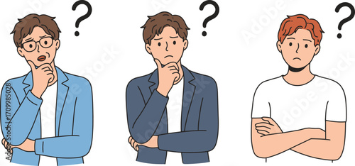 Three men pondering questions, expressing confusion and seeking answers with thoughtful expressions