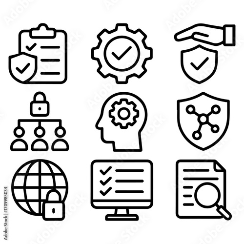 Security and Compliance Icon Set Shielded Checklist Gear Hand Network Globe and Magnifying Glass.