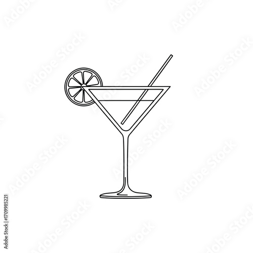 Vector art of elegant martini glass with a citrus garnish and straw, , perfect for cocktail hour and sophisticated celebrations