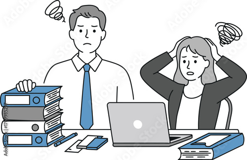 Overwhelmed business professionals struggling with heavy workload and deadlines in modern office setting