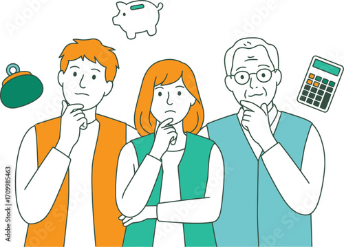 Family pondering financial decisions with piggy bank and calculator symbols overhead