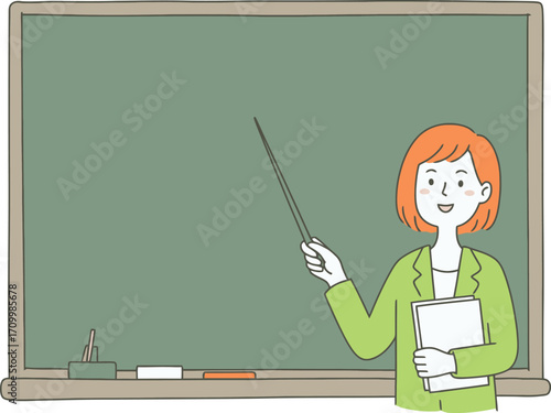 Engaging teacher with pointer and book leading lesson at green chalkboard in classroom setting