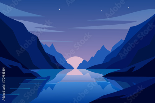 Serene mountain lake at twilight with a soft pink sunset reflection