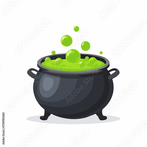 Bubbling green potion in a black cauldron, a magical Halloween cauldron with a witch's brew