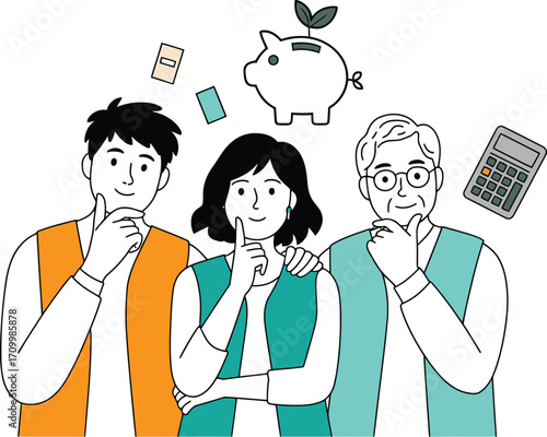Diverse family pondering financial future with piggy bank and calculator, planning savings