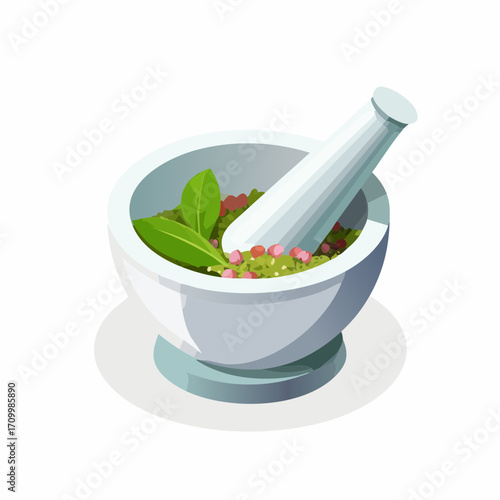 Fresh herbs and spices being ground in a mortar and pestle for delicious culinary creations