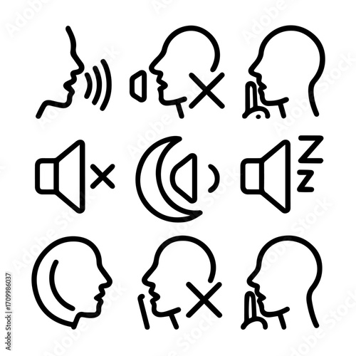 Simple Black Line Art Icons Representing Sound and Silence.