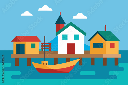 Colorful stilt houses and boat on the water
