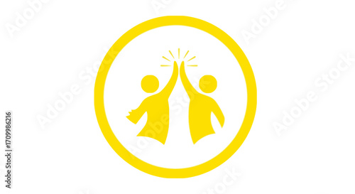 A simple yellow icon showing two people giving a high five, symbolizing teamwork, success, and celebration in a partnership