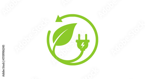 Eco-friendly electricity concept icon representing a sustainable and renewable energy source with a green leaf and power plug