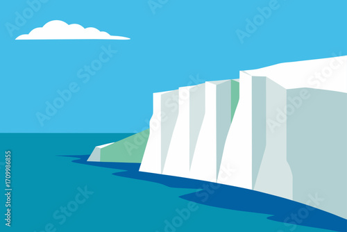 Stylized illustration of white cliffs meeting a blue ocean under a clear sky