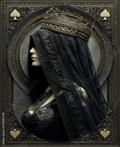 Queen of Spades playing card design, mysterious woman in black veil and golden crown, side profile portrait, dark lace dress, ornate decorative frame with spade symbols, dramatic and elegant fantasy a