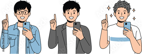 Confident men showcasing new smartphone app features with engaging gestures and smiles