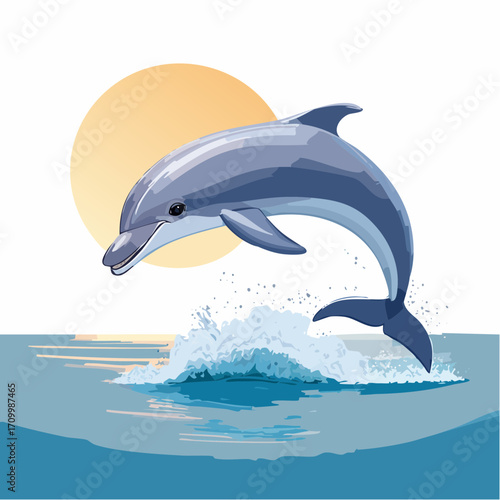 3D Delfin, springend über Wasseroberfläche, Meereskulisse, Sonnenlicht, fotorealistisch