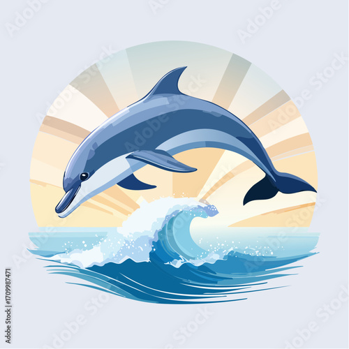 3D Delfin, springend über Wasseroberfläche, Meereskulisse, Sonnenlicht, fotorealistisch