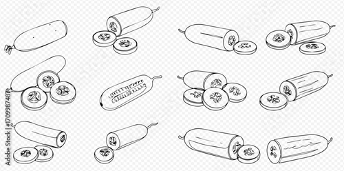 Hand-drawn sketch illustrations of fresh whole and sliced cucumbers in various arrangements, showing cross-sections and internal details.