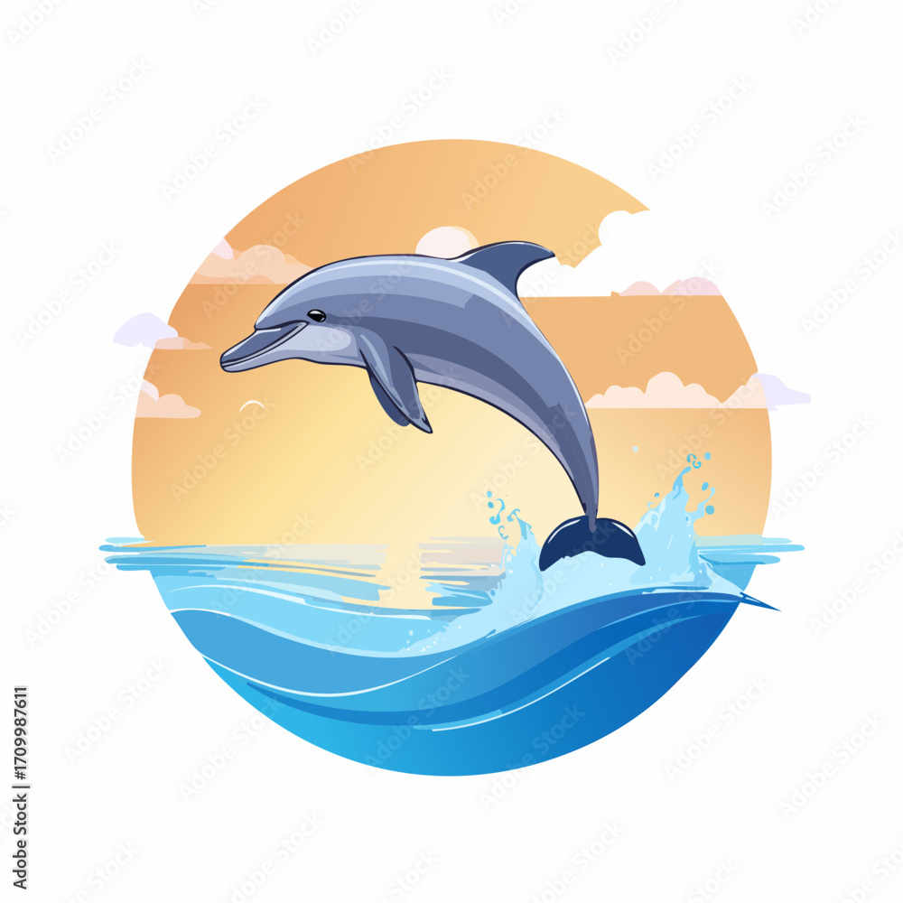 Obraz premium 3D Delfin, springend über Wasseroberfläche, Meereskulisse, Sonnenlicht, fotorealistisch