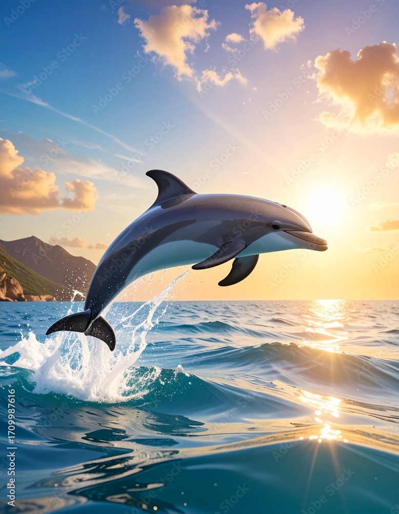 Fototapeta premium 3D Delfin, springend über Wasseroberfläche, Meereskulisse, Sonnenlicht, fotorealistisch