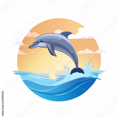 3D Delfin, springend über Wasseroberfläche, Meereskulisse, Sonnenlicht, fotorealistisch