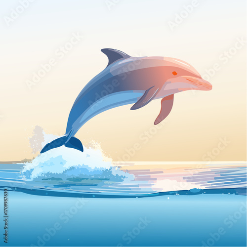 3D Delfin, springend über Wasseroberfläche, Meereskulisse, Sonnenlicht, fotorealistisch