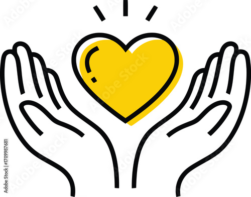 Hands gently cradle a glowing yellow heart symbolizing love, care, and wellbeing