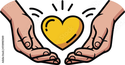 Caring hands gently hold a radiant golden heart, symbolizing love, support, and kindness.
